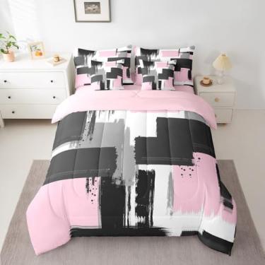 Imagem de Feelyou Conjunto de cama de arte abstrata para crianças, meninos, meninas, solteiro, preto, branco e rosa, conjunto de cama geométrica ultramacia em uma bolsa com edredom, lençóis, fronhas, decoração