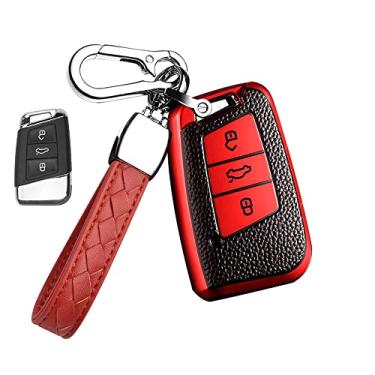 Imagem de HIBEYO Capa de chaveiro de carro com chaveiro para Volkswagen VW Atlas Golf Alltrack Jetta Passat Tiguan Arteon capa de chave de carro acessórios de controle remoto inteligente porta-chaves de carro 3 botões vermelho