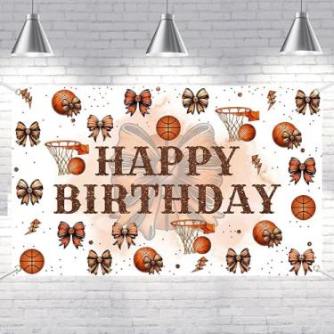 Imagem de Lofaris Banner - Decoração de festa de aniversário de basquete de poliéster 70,8 x 43,3 polegadas, tema de feliz aniversário com bolas de basquete, aros e detalhes laranja