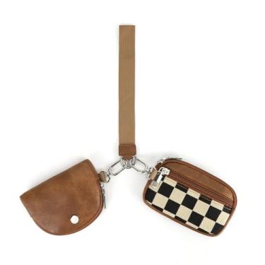 Imagem de Carteira feminina quadriculada com bolsa dupla, porta-moedas, porta-cartões, Marrom