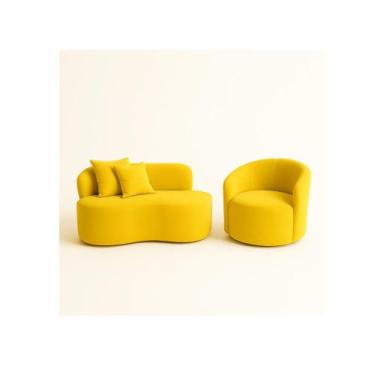 Imagem de Conjunto 01 Poltrona + Sofá Curvo Orgânico Nature Gaia Suede Amarelo -
