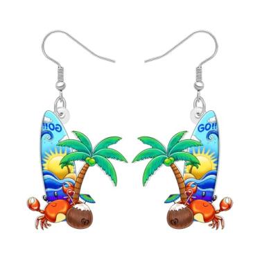 Imagem de BONSNY Brincos pendentes de praia tropical havaiana, festa de luau de verão com boia de caranguejo, prancha de surf, palmeira, bebida de coco, designs de anel de natação arco-íris de concha, pingente