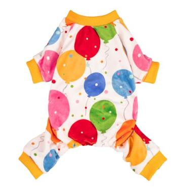 Imagem de Fitwarm Pijama de lã de balão para cães, roupa de aniversário para cães pequenos, meninos e meninas, macacão aconchegante para animais de estimação com pés, branco, amarelo, vermelho, azul, verde