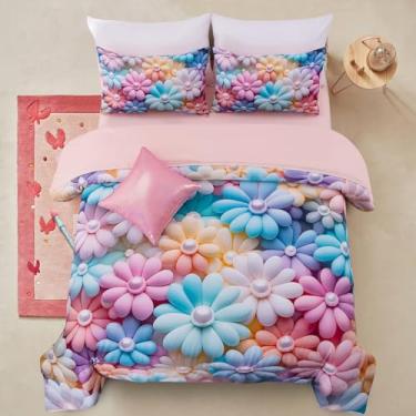 Imagem de A Nice Night Conjunto de edredom floral 3D desabrochando deslumbrante, com estampa de flor de pérola, para meninas, tamanho casal, ultramacio, azul e roxo, casal 6 peças