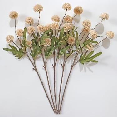 Imagem de NMAIYA Flores bege, 5 peças, pompom de crisântemo artificial, para mães, mini bolas de crisanto de seda sintética com hastes e flores falsas, para decoração de chuveiro