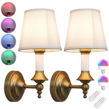 Imagem de Phansthy Conjunto de 2 arandelas de parede operadas por bateria, luzes de parede recarregáveis com lâmpadas reguláveis e controle remoto, 12 lâmpadas de parede RGB sem fio douradas antigas (sombra