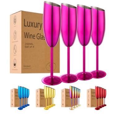 Imagem de UNISWEET Conjunto de 4 taças de champanhe, taças de champanhe de aço inoxidável para casamento e festa de aniversário, taça de champanhe inquebrável de boca inclinada de 200 ml com haste longa e