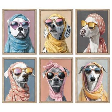 Imagem de Gatheroad Conjunto de 6 peças de arte de parede de cachorro engraçado colorido - 30,5 x 40,6 cm sem moldura de cachorro feliz com óculos e faixa de cabeça, decoração de parede para quarto de crianças