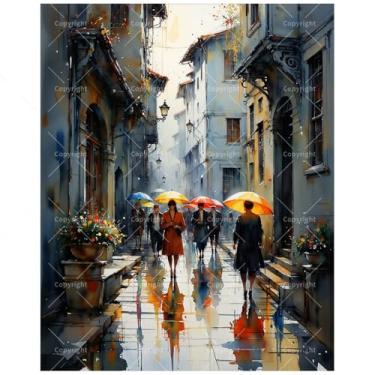 Imagem de Kit de pintura de rua chuvosa por números para adultos – DIY pessoas com guarda-chuvas em pintura colorida de beco em tela 40,6 x 50 cm, conjunto de tinta acrílica para iniciantes, arte da cidade para