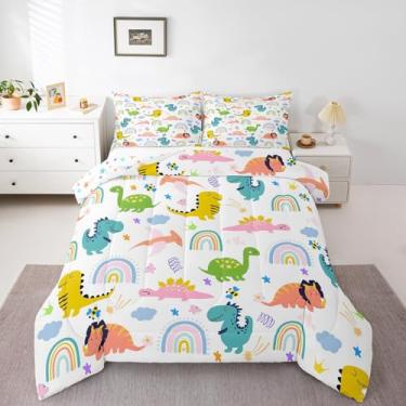 Imagem de Feelyou Jogo de cama casal de dinossauros coloridos para meninos, dinossauros coloridos, desenho fofo, dinossauro, arco-íris, edredom para decoração de quarto de crianças, reversível e estrelas