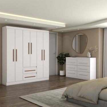 Imagem de Guarda-Roupa Solteiro Europa 6 Portas 2 Gavetas e Cômoda 6 Gavetas 100% Mdf Branco - Panorama Móveis