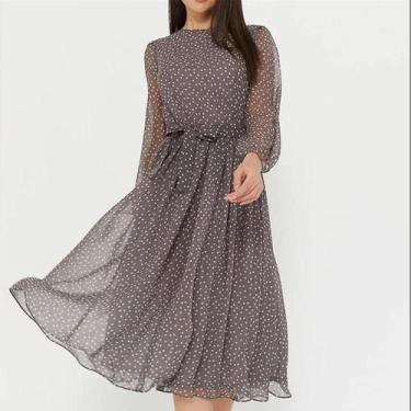 Imagem de Vestido Midi De Chiffon Com Manga Longa Para Mulheres, Estampa De Poá,