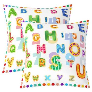 Imagem de jejeloiu Conjunto de 2 capas de almofada coloridas do alfabeto para crianças, meninos, meninas, 61 x 61 cm, capa de almofada educacional do alfabeto ABC, fronha de decoração de aprendizagem precoce