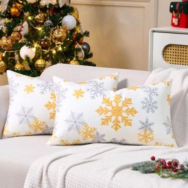 Imagem de HomGoodz Capas de almofada de Natal 30,5 x 50,8 cm, conjunto de 2 capas de almofada de sofá para decoração de sofá macias e curtas de floco de neve, decoração de férias de inverno para sofá sala de