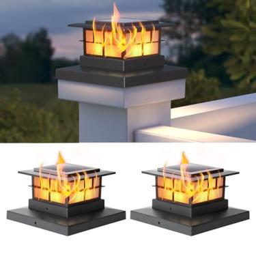 Imagem de LUTEC Pacote com 2 lâmpadas de poste solares, IP65 à prova d'água para postes de madeira/vinil, 10 x 12 cm, 12 x 15 cm, postes de madeira/vinil, chamas cintilantes, branco quente, 3000 K, decoração de