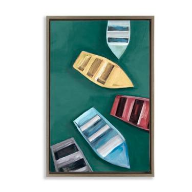 Imagem de Stupell Industries Arte de parede colorida em tela flutuante marrom de barcos a remo à deriva, design de Hannah Dawson, 25 x 17