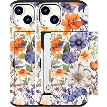 Imagem de MUQR Capa compatível com iPhone 15 Plus com porta-cartão fofo - Design Kawaii, proteção contra quedas de nível militar, capa carteira robusta para mulheres (arte floral branca outono)
