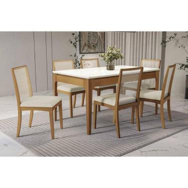 Imagem de Conjunto Sala de Jantar Mira Premium Madeira Maciça c/ Tampo Madeirado c/ Vidro 160x90cm e 6 Cadeiras Lara Carvalho/Off White - Linho Bege Argila-Kapp