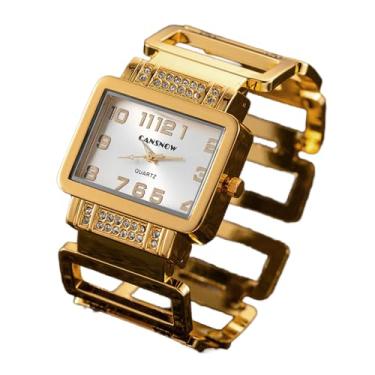 Imagem de Weicam Relógio de pulso feminino de luxo com mostrador retangular de cristal e bracelete analógico de quartzo, Dourado