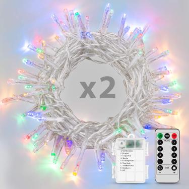 Imagem de Koxly 2 pacotes de 11 m com 100 luzes LED operadas por bateria com temporizador remoto à prova d'água 8 modos de cordão de luzes para quarto, jardim, Páscoa, festa, Natal, decoração interna e externa – multicolorido