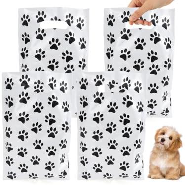 Imagem de CsyuyHIF Sacos de plástico com estampa de pata de cachorro – 100 peças de sacolas de presente de pata de cachorro a granel com estampa de patas de animal de estimação em plástico para doces com alça