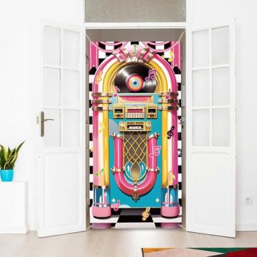 Imagem de arricraft 1 peça de capa de porta de poliéster com tema rock and roll, 185 cm x 90 cm padrão jukebox retrô banner porta varanda fotografia fundo para varanda de festa acessórios de decoração de casa