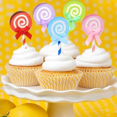 Imagem de 48 peças bonito colorido redemoinho doce arco pirulito topo de bolo adorável pirulito cupcake toppers doce candyland decoração de bolo de festa para aniversário, casamento, festa, Natal"
