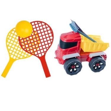 Imagem de Kit Caminhão Truck Pazinha Rastelo + Par Raquete Praia Brinquedo Infan