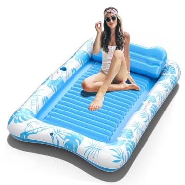 Imagem de Rrtizan Boias infláveis de piscina para adultos, 212 x 133 cm com travesseiro, suporte de copo e alças, boia de banheira 4 em 1 para piscina, quintal, piscina infantil (azul gelo)