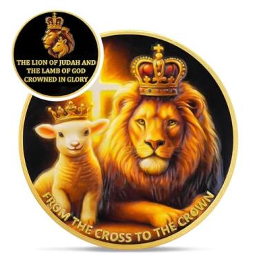 Imagem de Moeda do Desafio Cristão Leão e Cordeiro - Cruz Religiosa Token de Cobre - Arte Bolso de Deus Versículos da Bíblia Moedas para Estudo - Presentes comemorativos de boa sorte para homens, mulheres e