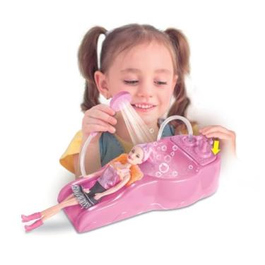Imagem de Salão de Beleza Infantil com Lavatório Rosa, Kit Completo com Boneca e Acessórios, Função Água Real, Brinquedo Educativo para Crianças Acima de 3 Anos
