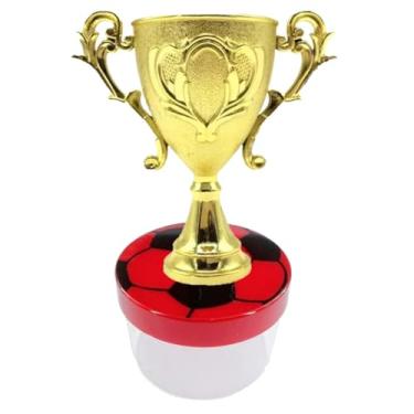 Imagem de Kit Lembrancinha Tema Futebol: Caixinha Acrílica Redonda + Mini Troféu Dourado Decoração Mimos Festa Campeão (10 Taça 10 Caixa Tampa Vermelha Gravura Bola)