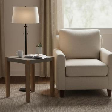 Imagem de Newport Mesa de canto industrial rústica moderna – topo quadrado de concreto falso de 53 cm com moldura de madeira âmbar claro – Mesa lateral durável e fácil de montar para sala de estar, quarto ou