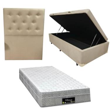 Imagem de Cama Box Baú Blindada com RivIera Molas Ensacadas 25cm de altura + Cabeceira Botonê (SUEDE BEGE, Solteiro)