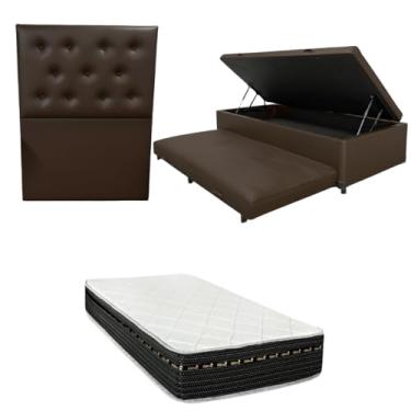 Imagem de Cama Box Baú Solteiro com Auxiliar (Bicama) + Colchão Eagle Molas Bonnel 22cm | Kit Completo com Cabeceira Botonê Opcional | Diversas Cores (3, CORINO MARROM, COM CABECEIRA)