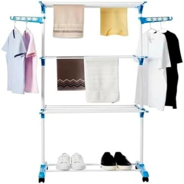 Imagem de Varal de Chão Dobrável, 3 Andares, Branco, ABS e Aço, 170x70x65cm, com Rodízios e 6 Prateleiras, Suporta até 48kg, para Apartamentos
