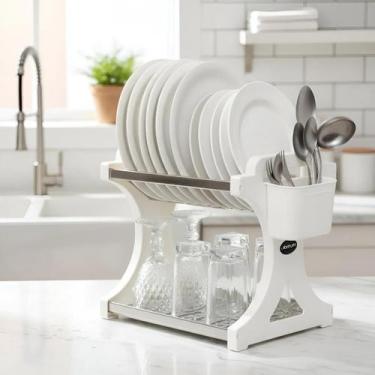 Imagem de Escorredor de Louça 12 Pratos Branco em aço Inox Alto com Porta Talher