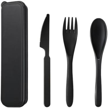 Imagem de Conjunto de utensílios de viagem reutilizáveis com estojo, colher de garfo de faca portátil de palha de trigo, talheres de acampamento para lancheira, utensílios de mesa de plástico ecológicos sem BPA