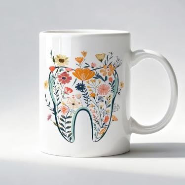 Imagem de LADOCK Caneca dental floral, presentes de dentista para mulheres, presentes de higienista de assistente dentário, caneca de café de cerâmica, dentes florais para dentistas, xícaras de chá de café 325