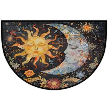 Imagem de Tapete de porta meio redondo, étnico, lua, sol, antiderrapante, macio, semicírculo, lavável, meia lua, capacho de entrada, para uso externo, interior, quarto, banheiro, cozinha, festival, presente