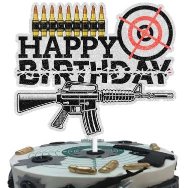 Imagem de Heavy Gun Topo de bolo de feliz aniversário Cheer to Gun preto prata decoração de bolo para engraçado tema de aniversário militar para mulheres e homens decorações de festa suprimentos