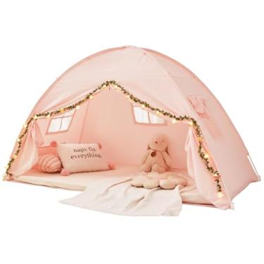Imagem de Akiky Tenda para cama, cama de solteiro, com parte inferior, barraca infantil, com luzes de cogumelo, cortinas de beliche dobráveis portáteis para meninas e meninos (rosa, solteiro)