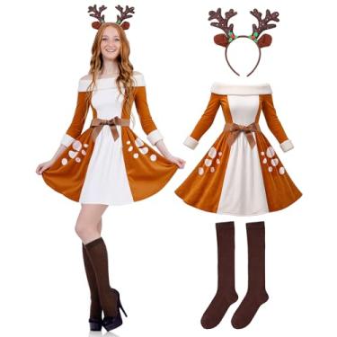 Imagem de Simlakey Conjunto de fantasia feminina de renas de Halloween para cosplay, vestido de rena adulto, faixa de cabeça com chifre com meias, vestido chique de festa (G)