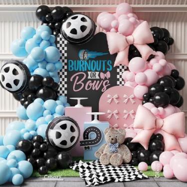 Imagem de Kit de arco de balão Burnouts or Bows – 149 peças de decoração de revelação de gênero de carro de corrida com balões rosa azul preto e balões de folha de arco de pneu para meninos meninas decoração de