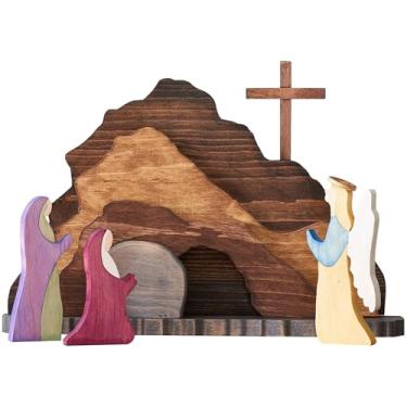Imagem de Presépio de Jesus de madeira, decoração de casa de Páscoa, fundo de tumba, cruz multicolorida, ideal para presente cristão