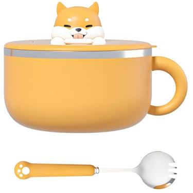 Imagem de Tigela Shiba Inu Ramen de 1,134 g com tampa de suporte de telefone, tigela de macarrão de aço inoxidável com isolamento de parede dupla e garfo