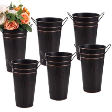 Imagem de Baldes de flores galvanizados de 6 unidades com alças, vasos de metal rústico de 25 cm para centros de mesa, decoração de casa de fazenda e eventos especiais