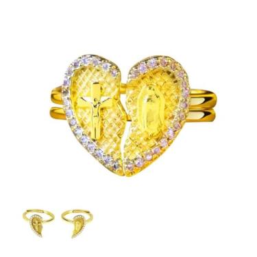 Imagem de SAMIQU Anéis elegantes combinando para casais - Virgem Maria e anéis de compromisso de cruz de ouro, joias religiosas banhadas a ouro, alianças de casamento elegantes, presente