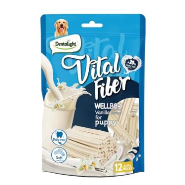 Imagem de Dentalight Faywell Vital Fiber Wellbar petiscos para mastigar filhotes, contém leite de cabra em pó, rico em cálcio e proteína, textura de baunilha macia, 80 g