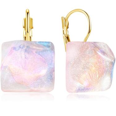 Imagem de unixmoment Brincos femininos com pingente geométrico quadrado de resina colorida delicada ouro 14 k, Regular, Resina, Sem pedra preciosa
